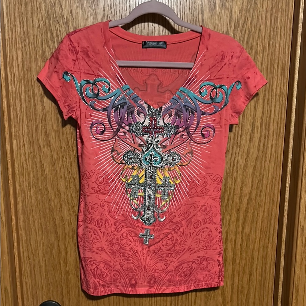 Angels & Diamonds Red and Purple Fitted Short Sleeve Graphic Tee